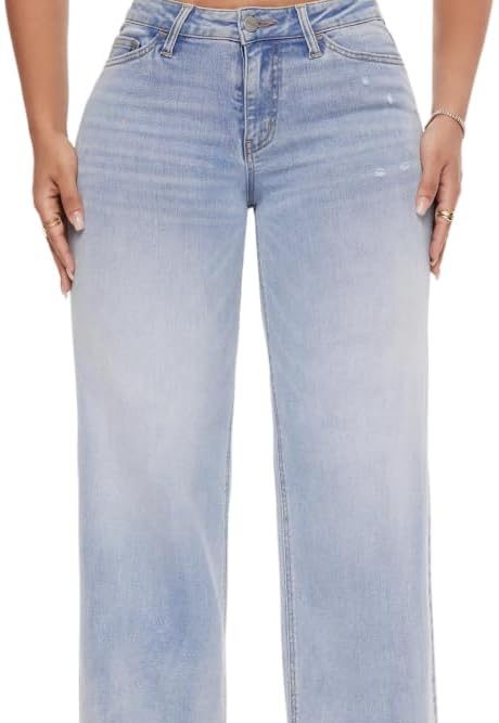 Mid-Low Rise Baggy Jeans Wide Leg for Women Distressed Pants Stretchy Bottom Lady Basic Comfortable Denim