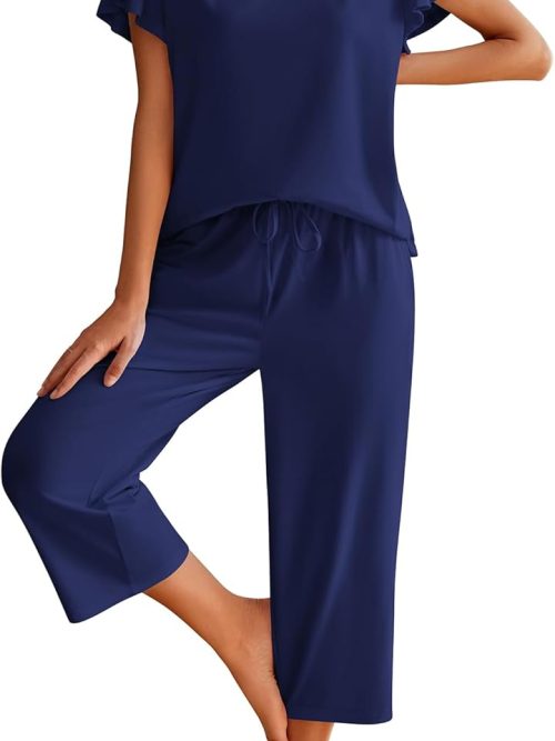 Women Cotton Pajamas Sets Short Sleeve Tops and  Pants Sleepwear Loungewear with Pockets