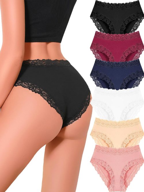 Womens Cotton Underwear Cheeky Bikini Panties for Women Sexy Lace Briefs Soft Stretch Underwear Pack 6