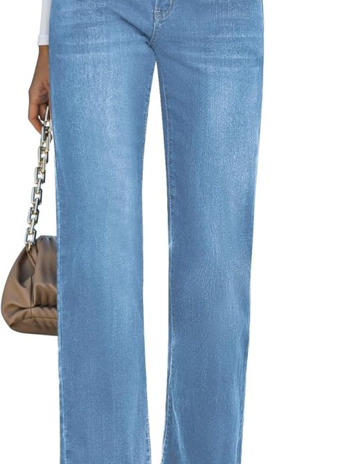 Straight Leg Jeans for Women High Waisted Stretchy Frayed Raw Hem Loose Denim Pants Casual Baggy Jean Trousers
