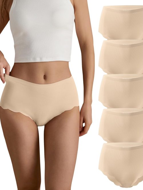 Seamless High Waisted Underwear for Women Cheeky Underwear Wave Edge No Show Bikini Panties Ribbed Panties Pack