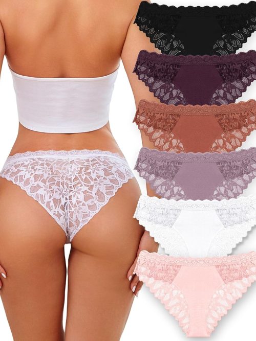 Sexy Underwear for Women Lace Cheeky Soft Hipster Low Rise Breathable Undies Cotton Bikini Panties 6 Pack
