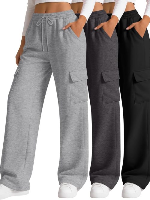 3 Pack Women's Cargo Sweatpants Wide Leg Baggy Loose Elastic Drawstring Pants Casual Athletic Joggers with 4 Pockets