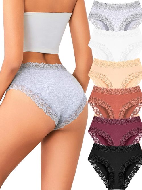 Womens Cotton Underwear Cheeky Bikini Panties for Women Sexy Lace Briefs Soft Stretch Underwear Pack 6
